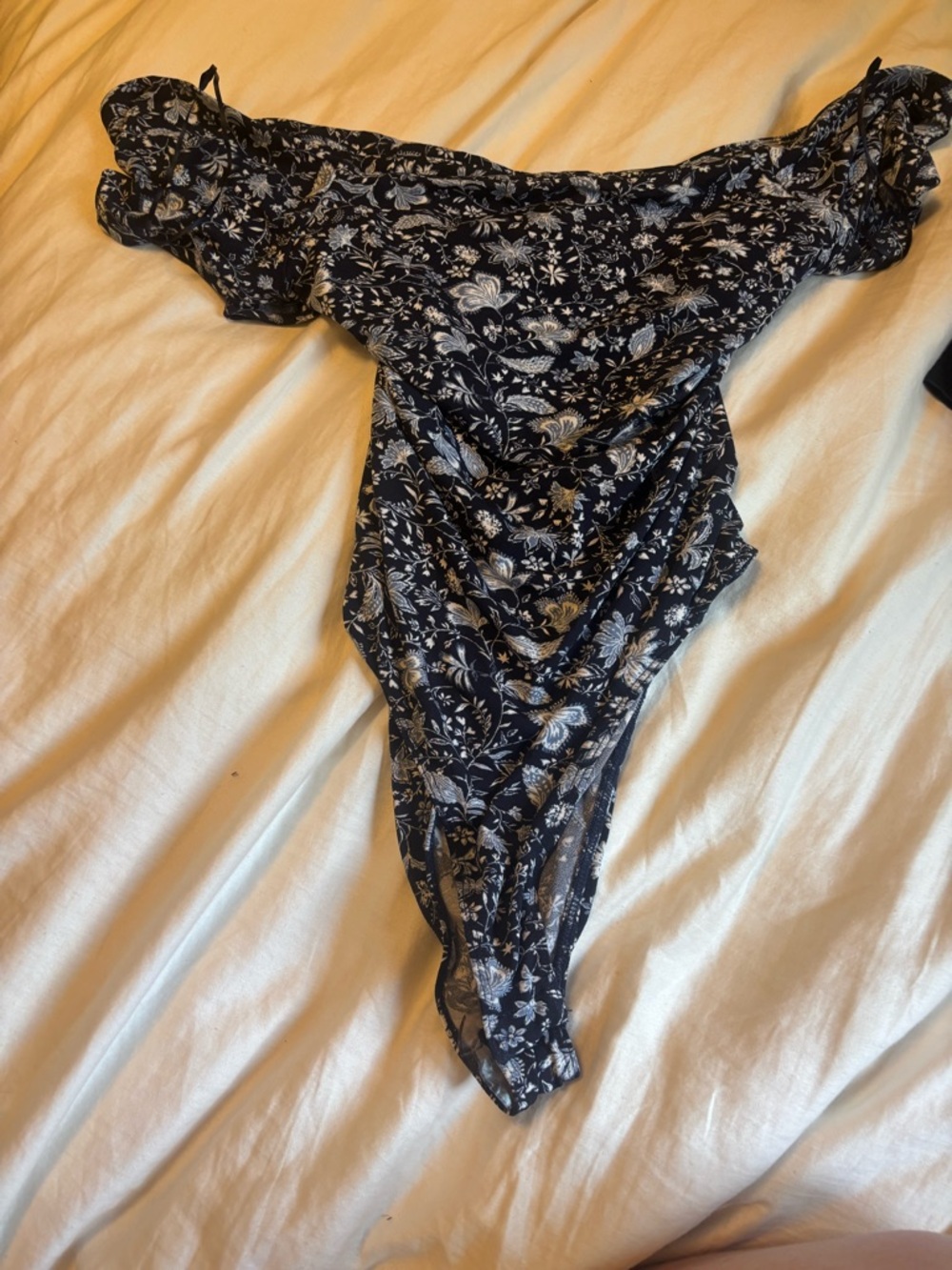 Lush Navy Floral Off-Shoulder Thong Bodysuit